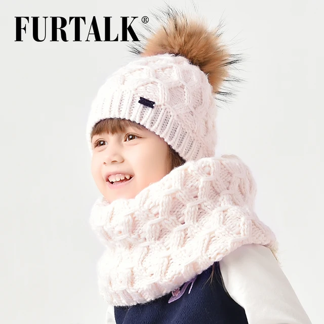 FURTALK 2-8 years wool child winter hat scarf set for girls and boys real fur pompom hats and infinity scarves SFFW032