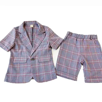

Boutique Fashion Children's Clothing 2019 Summer New Boy Plaid Handsome Small Suit Jacket + Shorts Two-piece Boy Best Clothing