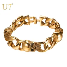 U7 браслеты с черепами кубинские звенья Скелет рокер панк браслет из нержавеющей стали золотого цвета браслет на Хэллоуин подарок мужские ювелирные изделия H1039