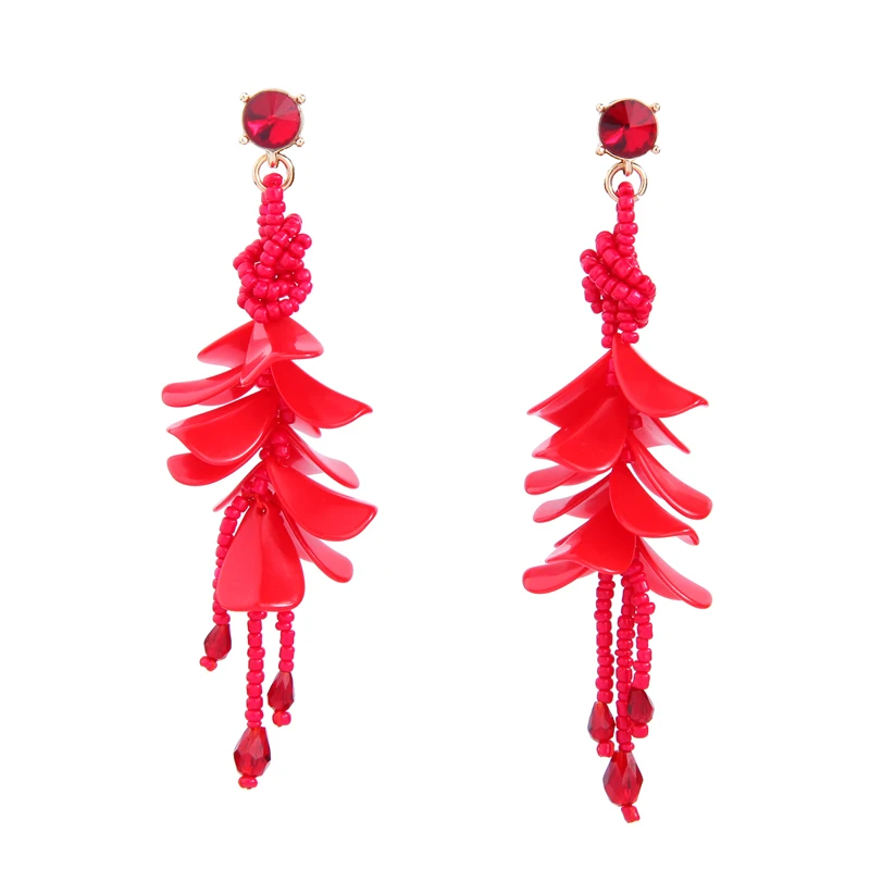Red/White Petal Cluster Flower Earrings Acrylic Beads Fringe Women