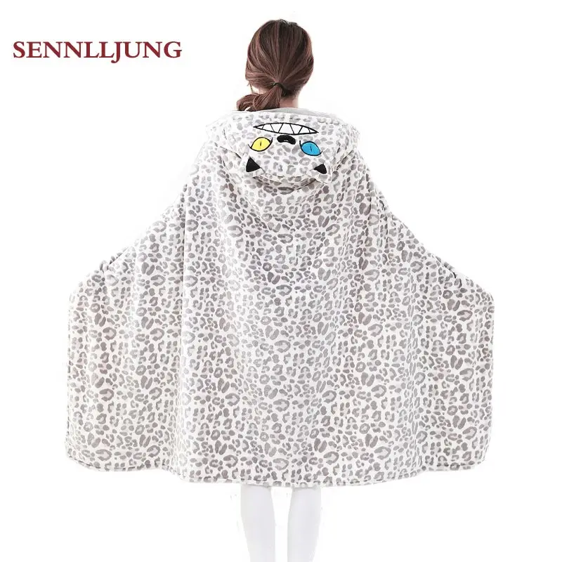 

Flannel cartoon leopard pattern room shawl cloak, air conditioning blanket, nap, lazy blanket, pajamas Portable Wearable blanket