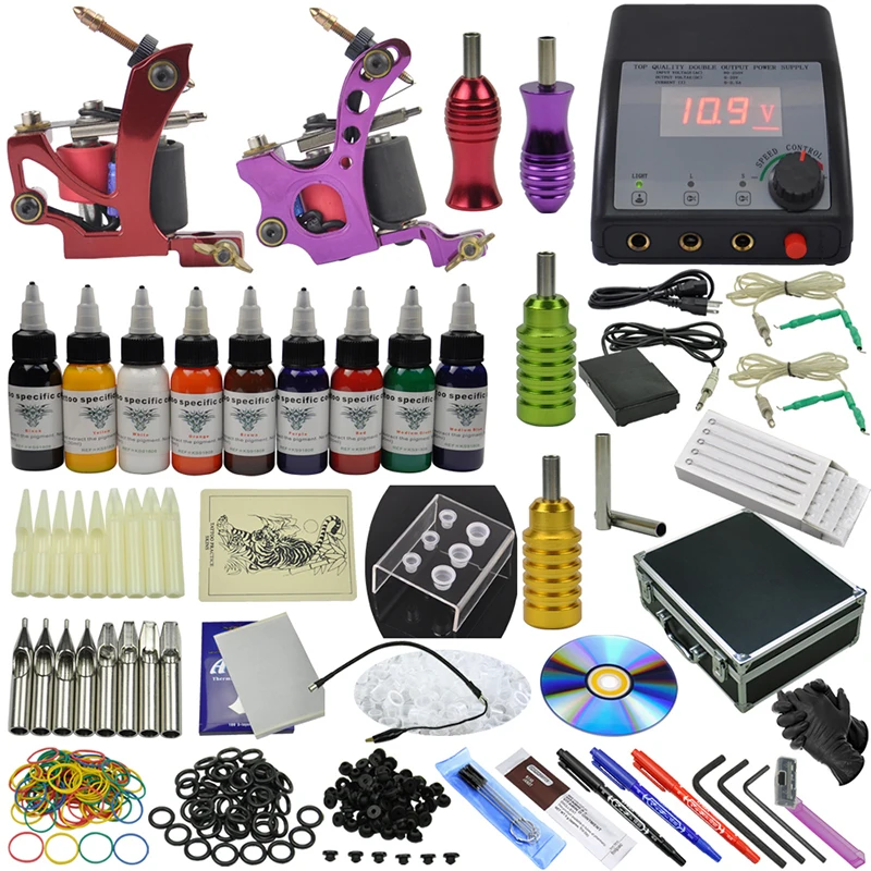 OPHIR Tattoo Kits for Body Art 2 Rotary Tattoo Machine Guns Equipment Power Supply with 9 Color Tattoo Inks Grip Needles #TA076