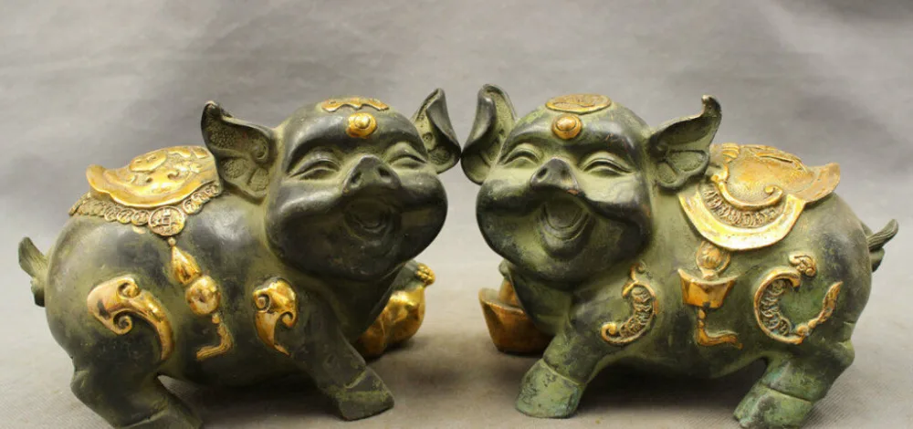 

8" Chinese Bronze Copper Gilt Gourd Wealth YuanBao Cai Fu Coin Pig Statue Pair