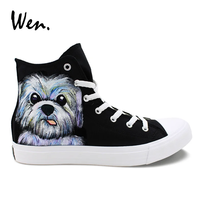 Wen Original Design Hand Painted Animal Shoes Cute Pet Dog High Top Black Canvas Unisex Shoes