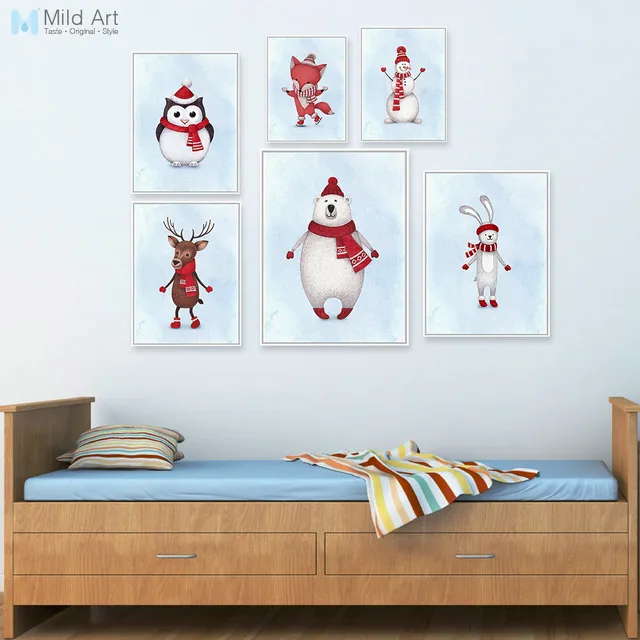 Kawaii Watercolor Christmas Animals Deer Snowman Poster Prints Kawaii Watercolor Christmas Animals Deer Snowman Poster Prints Nursery Wall Art Picture Canvas Painting No Frame