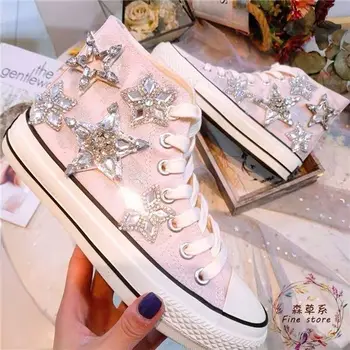 

2019 European Station Korean version water drill pearl hand sewing string pearl lace low-end canvas shoes flat sole