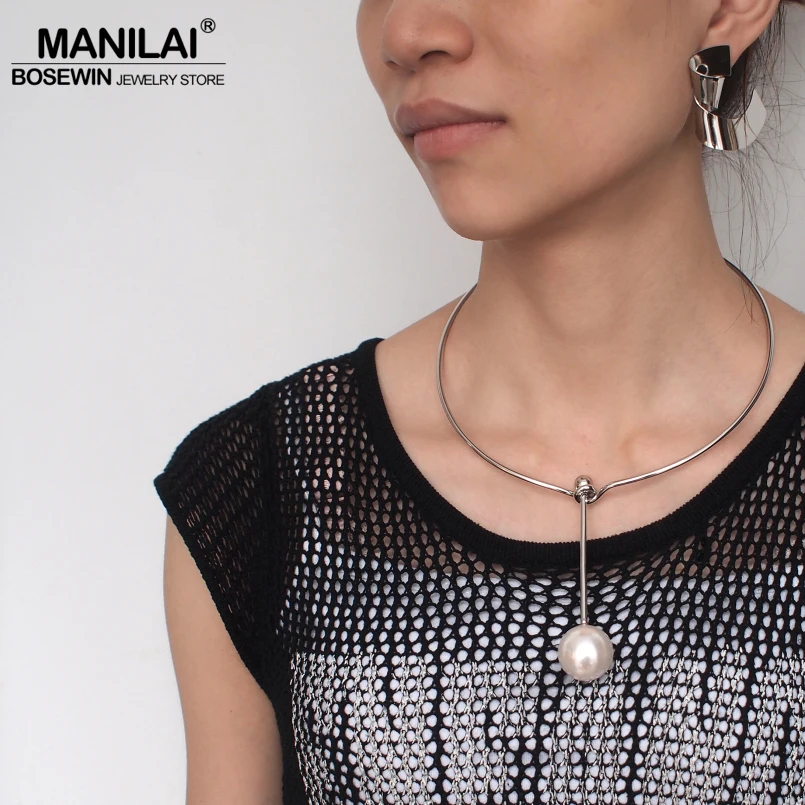 MANILAI Simple Alloy Choker Simulated Pearl Pendants Necklaces For Women Fashion Jewelry Bib Collar Statement Necklace