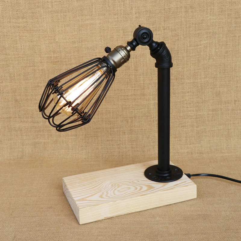 Modern Iron Wood Bird Cage Table Lamp Adjustable Iron Lampshade Desk