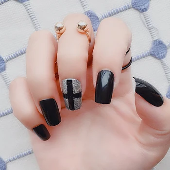 

24pcs Black Cross Japanese Personality Design Fake Nails With Glue Medium Length Square Head Full Cover Acrylic False Nail Tips