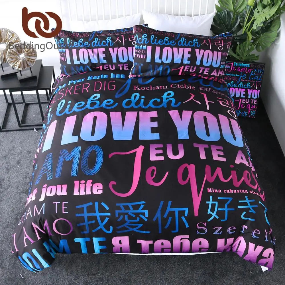 

BeddingOutlet Letters Bedding Set I Love You Duvet Cover Queen Character Quilt Cover International Language Bed Set 3-Piece