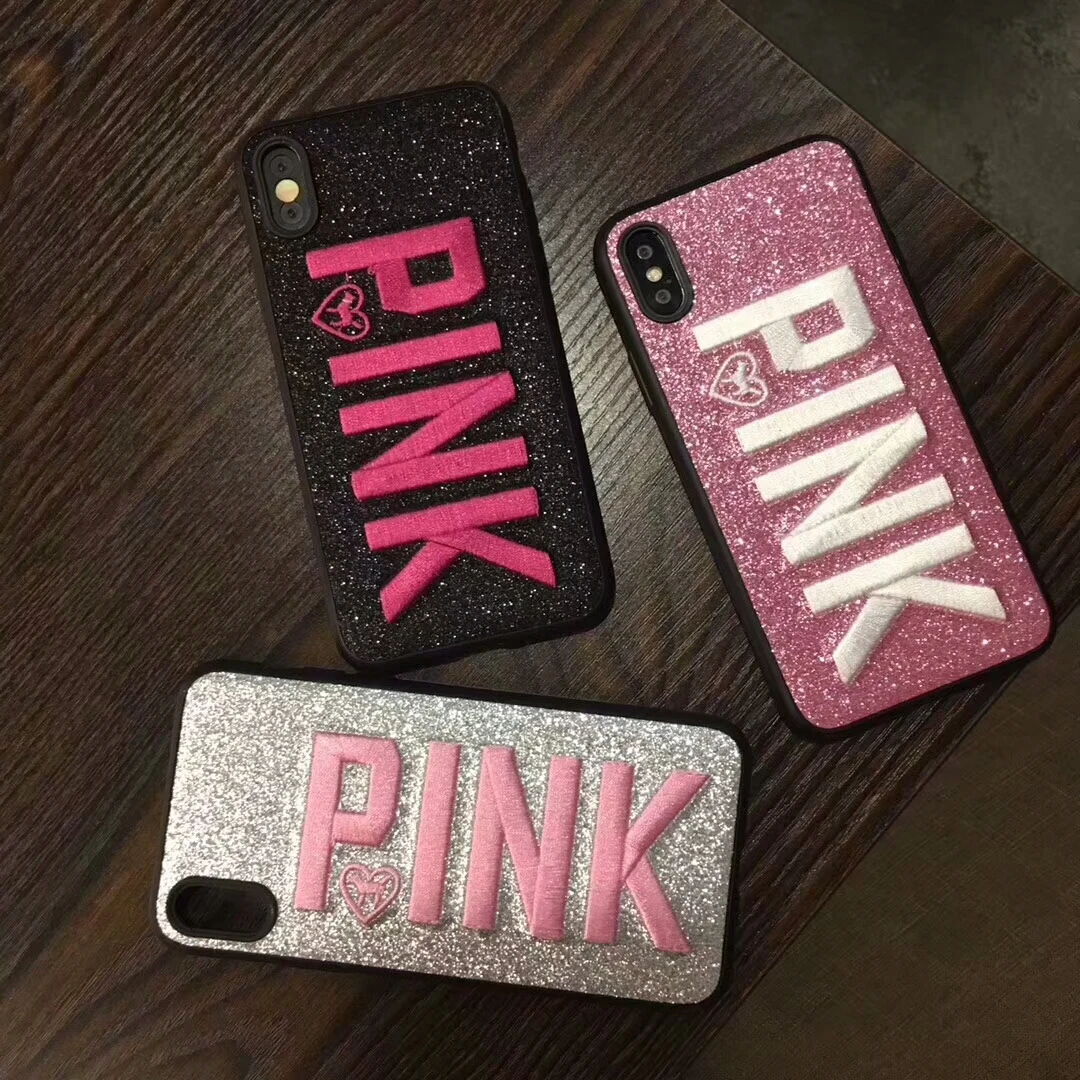

Hot Glitte Pink Soft Silicone Cover Cases for iPhone 6 6S Plus 7 7plus 8 8plus X Shiny Star 3D embroidery Bling Phone Case