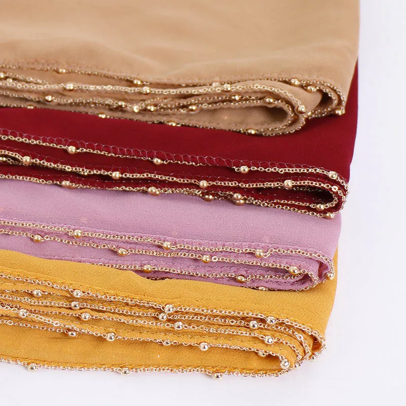 

Fashion Solid Hijab Scarf For Muslim Women Shiny Chain Edges Chiffon Scarves Wraps Long Shawls Maxi Headscarf 180x70cm