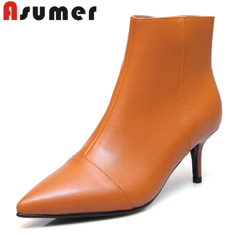 

ASUMER 2020 HOT SALE adult winter boots pointed toe solid ankle boots thin heels fashion genuine leatrer boots size 34-42
