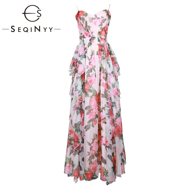 

SEQINYY Chiffon Dress Sexy Backless Spaghetti Strap 2019 Summer New Fashion Design Rose Flowers Printed Long Dress Women