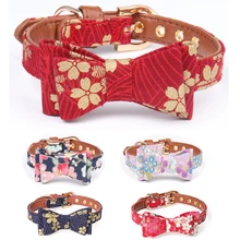 New Fashion Hot Stamping Print Leather Fabric Bowknot Pet Dog Collar Neck Leash Cat Neck Strap For small Middle Dog