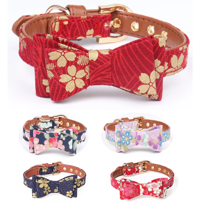 Red Flower Bow Tie Dog Collar And Leash