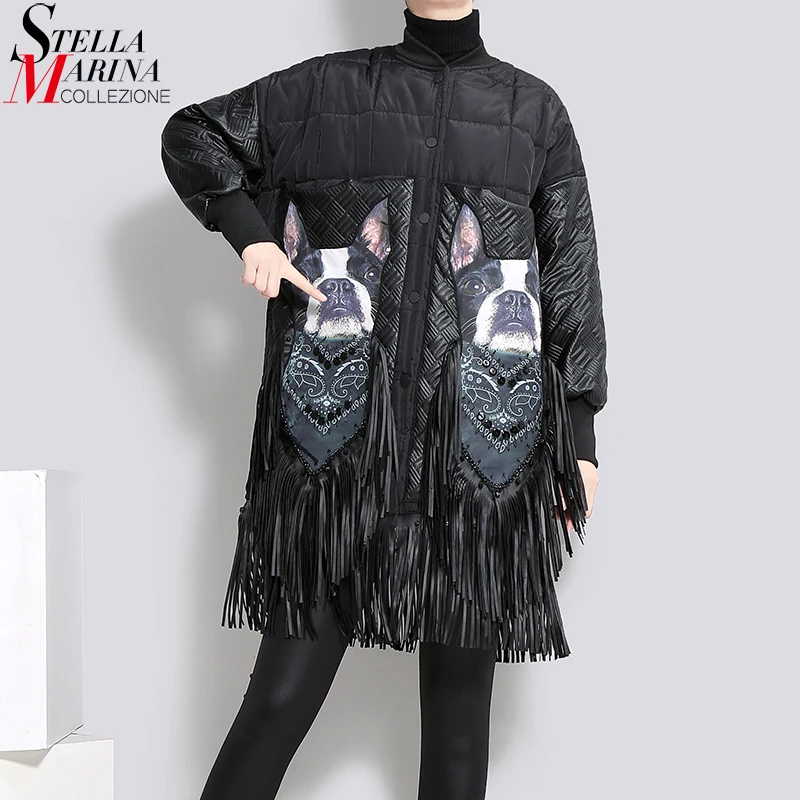 2018 Winter Women Oversize Long Black Parka Jacket PU Fringes Stand Collar Printed Female Thick Jacket Coat manteau femme 3001