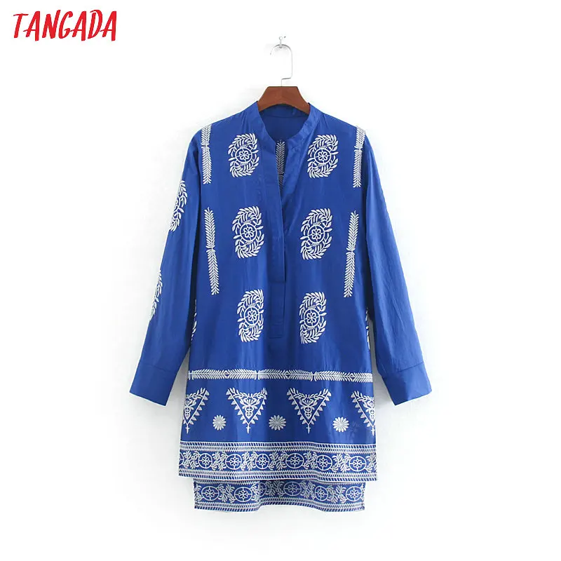 

Tangada women vintage cotton long shirts blue long sleeve paisley print v neck loose cozy asymmetric blouses tops CE133