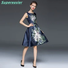 Fashion Elegant Blue Dress Sleeveless Floral Printing New 2016 Women Summer Sundress Party Casual Dress Plus Size Women Clothing