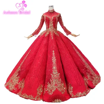 

Gold Lace Red Dubai Design Sexy Wedding Dress 2019 Sleeveless Pearls Embroidery Luxury Bridal Gowns Real Picture Bridal Gown