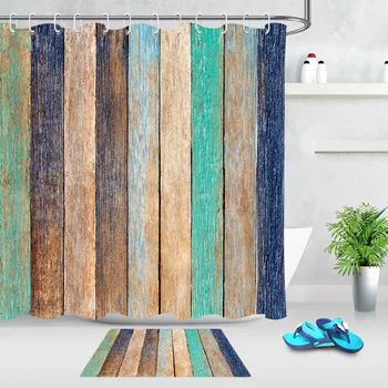 

Gray Grey Green Black Brown Wood Board Printing Shower Curtain 12 Hooks Sets Kids Bathroom mat Waterproof Polyester Cloth Fabric