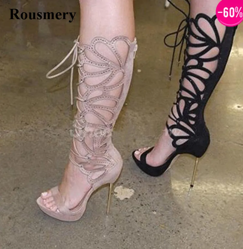 

Women Charming Design Open Toe Lace-up Rhinestone Knee High Gladiator Boots Stiletto Heel Sandal Boots Dress Boots