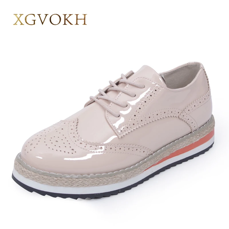 XGVOKH 브랜드 특허 가죽 패션 여성 신발 황소 레이스 업 여성 플랫 플랫폼 신발 높이 캐주얼 플랫 증가