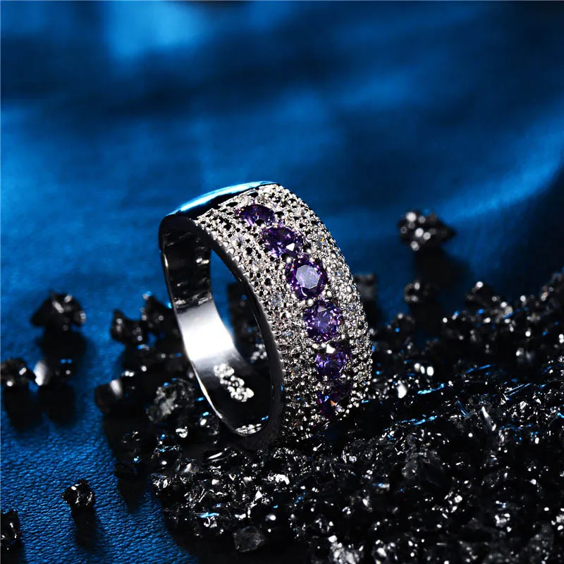 H:HYDE Silver Color Purple Crystal CZ Zircon Classic Simple Design Fashion Women Wedding Engagement Romantic Ring bijoux