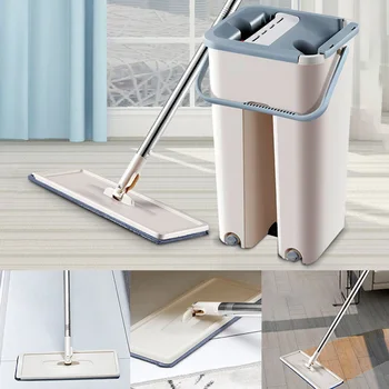

Newly Convenient Mop Bucket System for Floor Cleaning 2 in 1 Wash Dry with Washable Flat Fiber Mop Pads VA88