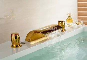 

New Gold polish Bathroom Dual Handles Faucet Deck mount Tub Mixer Tap