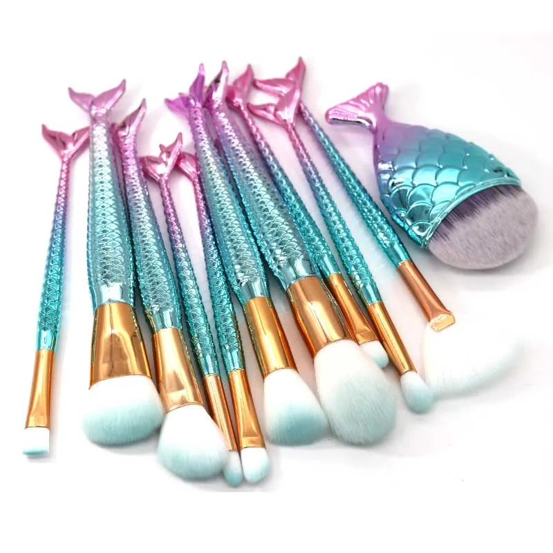 

AT FASHION 11pcs Mermaid Makeup Brushes Set Eyebrow Blending Contour Foundation Cosmetic Beauty Make Up Fish pincel maquiagem
