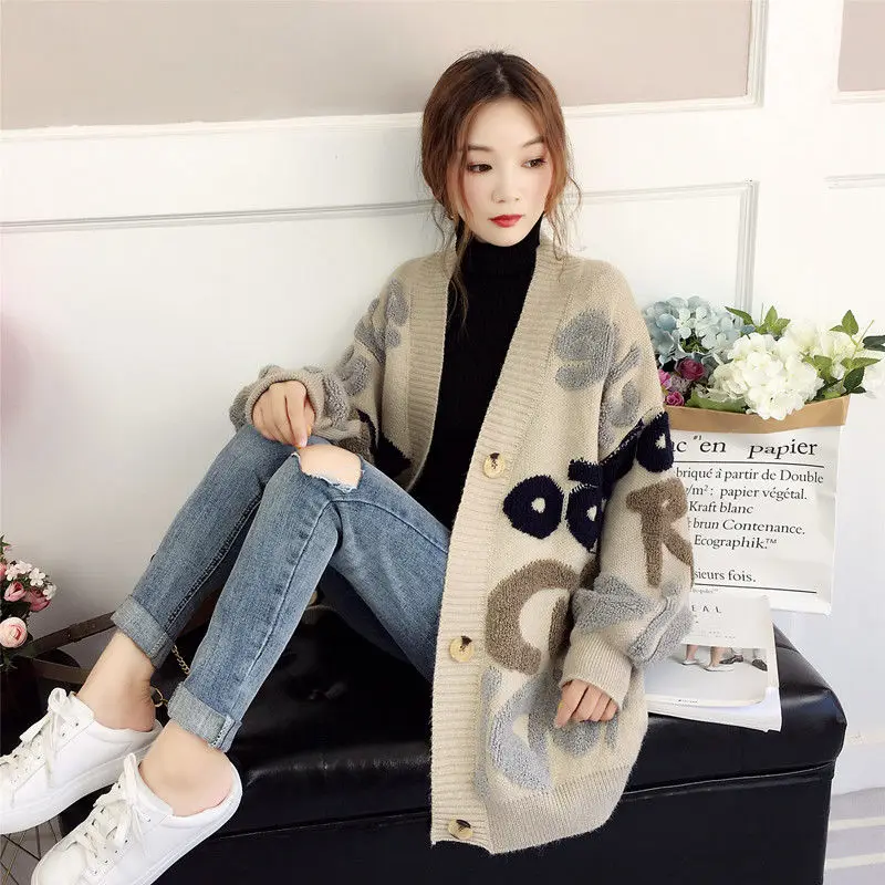 Women's Letter Print Knit Sweater - 2019 Spring Autumn New Korean Long Sleeve Single Breasted Thick Loose Cardigans by VANGULL image 6