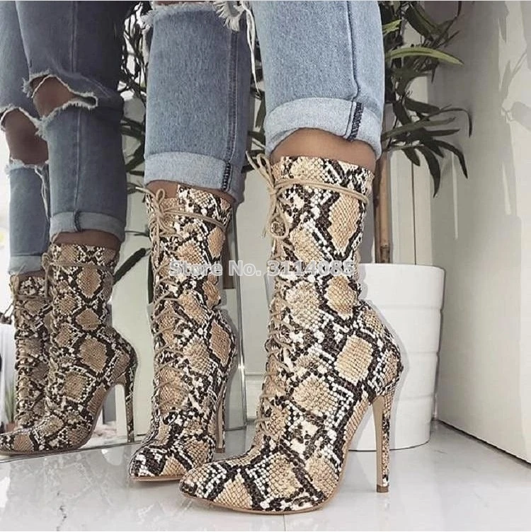 Botines de piel serpiente para mujer, botas de vestir cortas de punta estrecha, zapatos de gladiador con estampado de Pitón, sexys, de Año Nuevo| Botas hasta el tobillo| - AliExpress