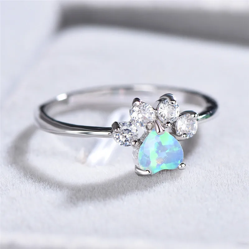 CZ Pet Paw Print Stacking Rings - Opal Heart Animal Promise Jewelry For Women