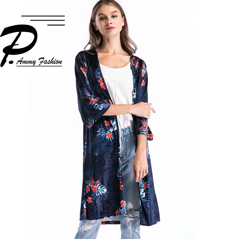 

Womens Oversized Velvet Floral Mid-Long Cardigan Coat Ladies Autumn Three Quarter Loose Open Stitch Jacket