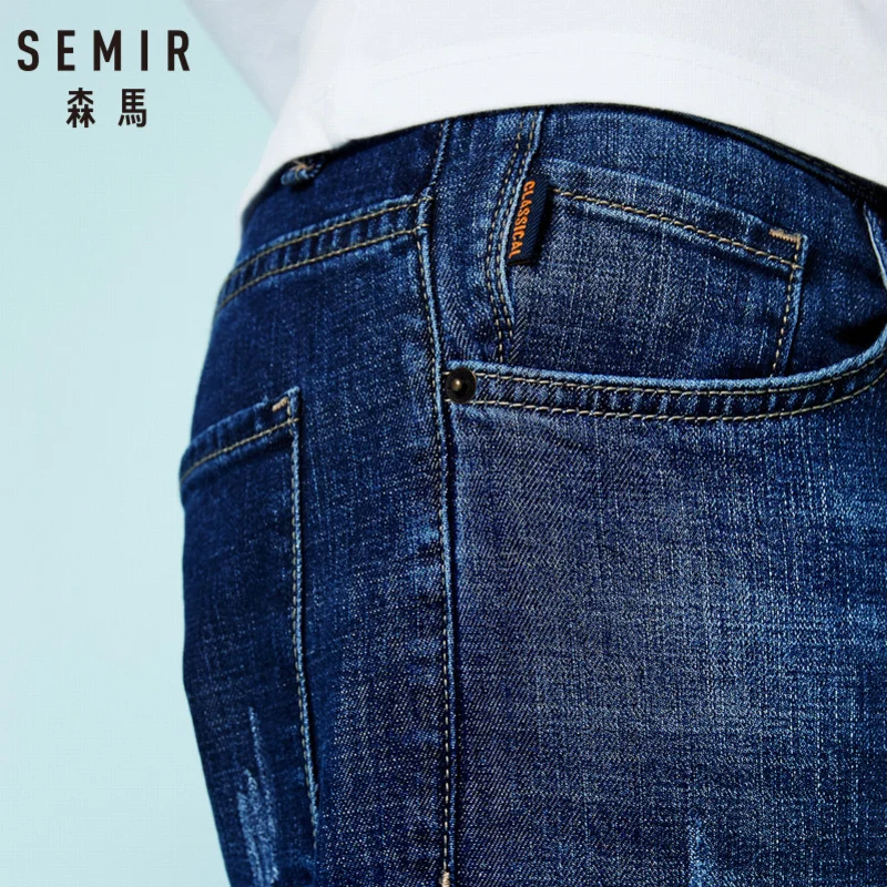 Goedkoop SEMIR Mannen Slim Fit Katoenen Jeans met Vernietiging mannen Katoen Jeans Gewassen Denim met Ritssluiting met Knop voor lente Herfst