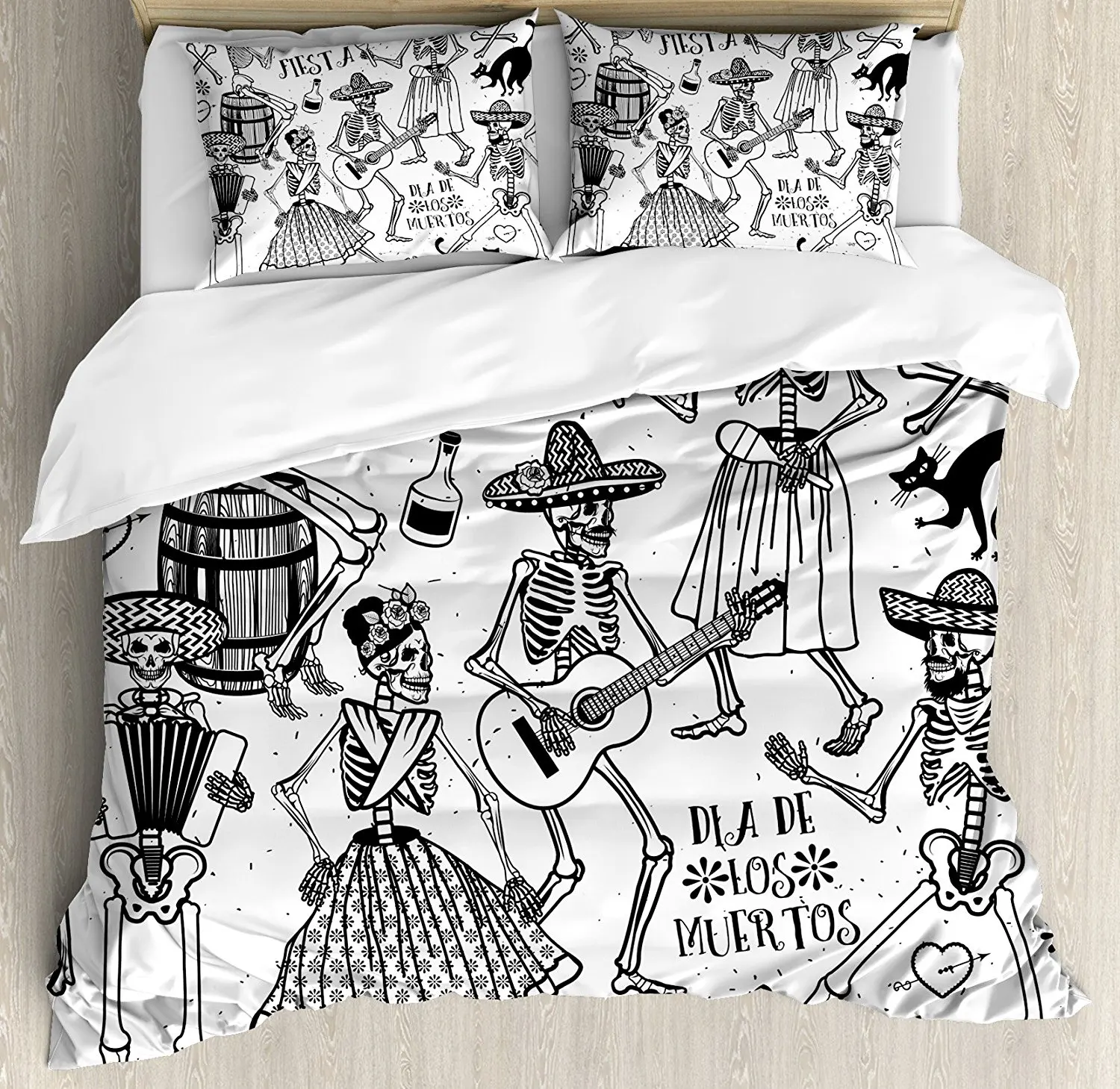 

Mexican Duvet Cover Set Day of the Dead Dancers Themed Skeleton Icon Playing Music Design, 4 Piece Bedding Set