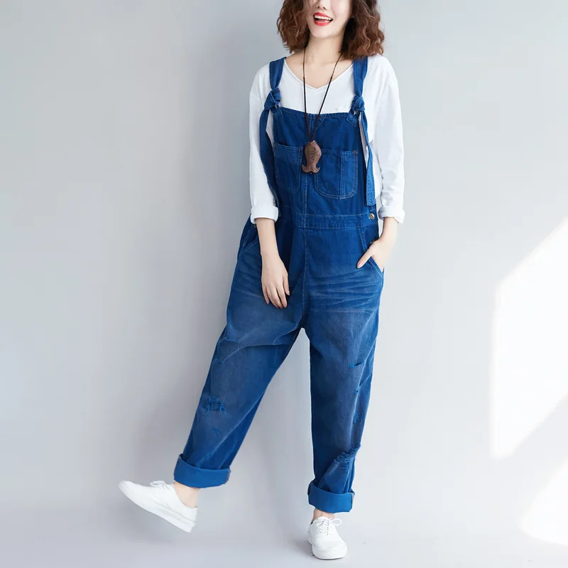 

Yifsion Casual Women's Loose Overalls Corduroy Ripped Holes Trousers Blue Stylish Z2