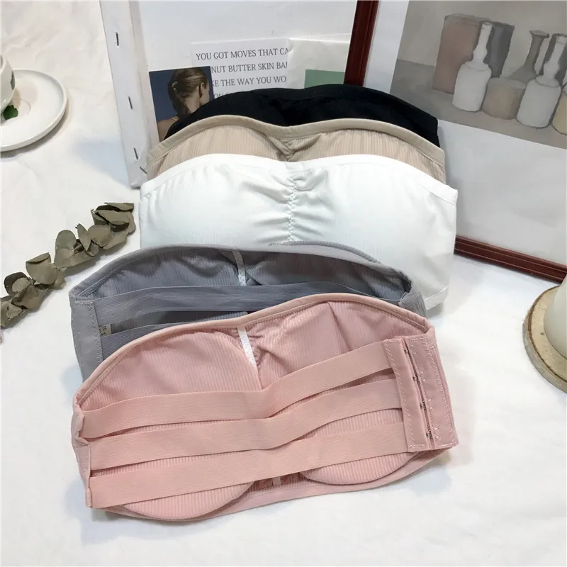 Girls Strapless Bra Women's Stretchy Padded Solid Wrap Tube Top Bandeau Short Tanks Tops With Pads For Female