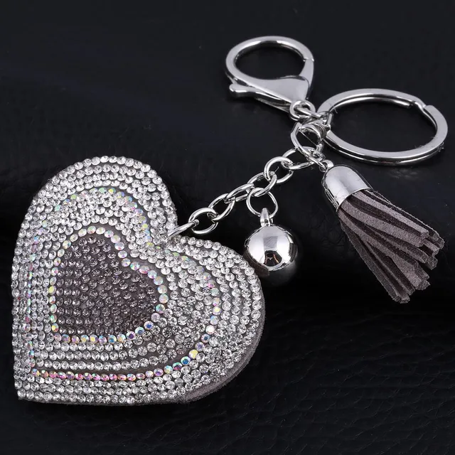 Women Handbag Keyring Pendant Crystal Tassel Silver Plated Love Heart