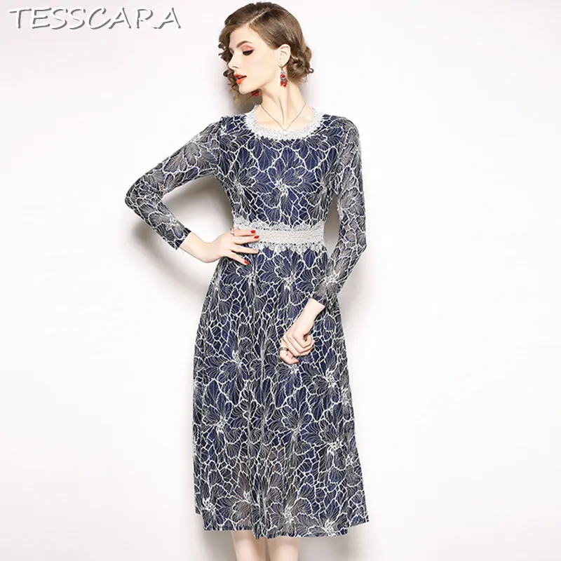 

TESSCARA Women Autumn Elegant Lace Dress Festa Female High Quality Vintage Designer Long Vestidos Office Casual Party Robe Femme