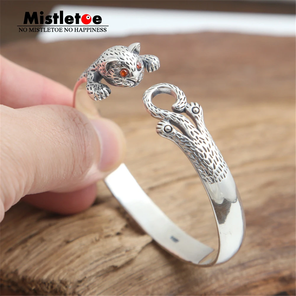 

Authentic 925 Sterling Silver Vintage Animal Cat Red CZ Open adjustable Bangle Bracelet Jewelry For Women