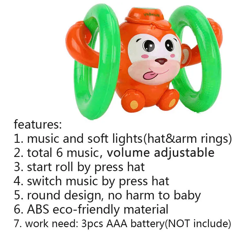 Музыкальные огни, детские игрушки, рулон счастливой обезьяны, детская игрушка, круглый дизайн, регулируемый объем, погремушки для малышей, подарок для малышей