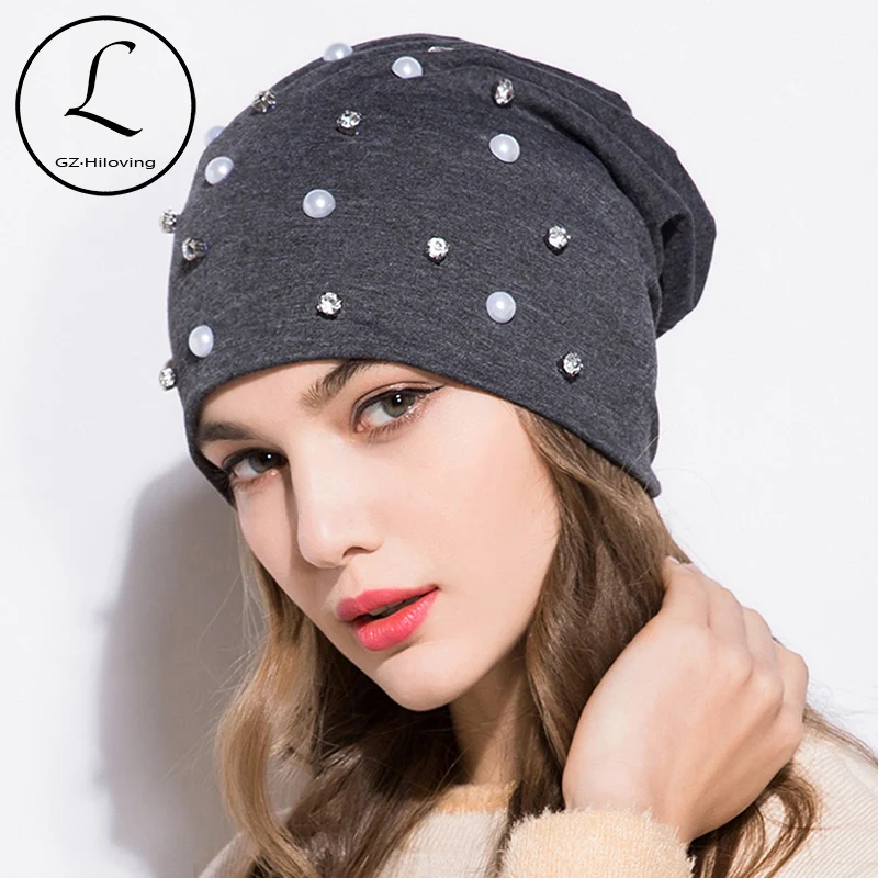 

GZHILOVINGL 2018 Fashion Diamond Pearl Hat Winter Knitted Women Soft Skullies Beanies Cotton Cute Black Casual Cap For Ladies