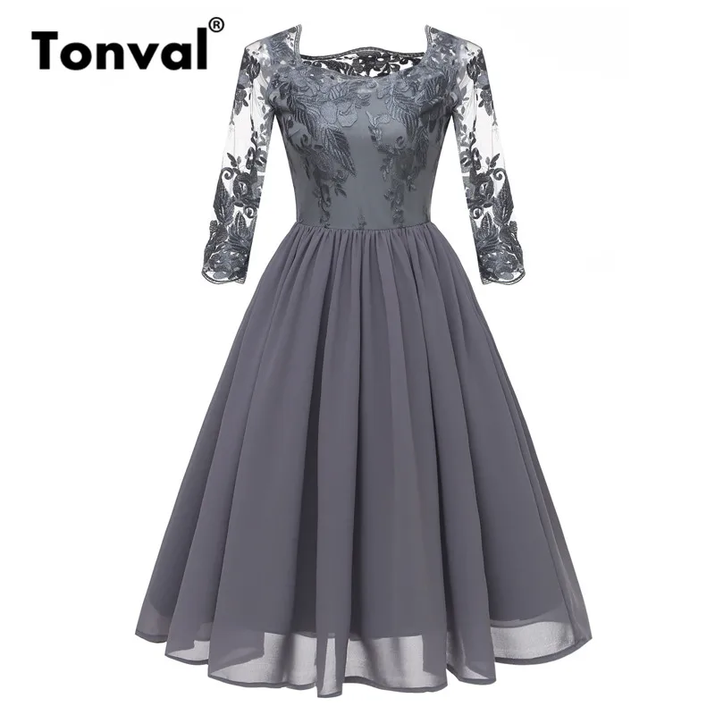 

Tonval Floral Embroidery Contrast Chiffon Dress Women Asymmetrical Neck Mesh Sleeve Pleated Elegant Banquet Party Dresses