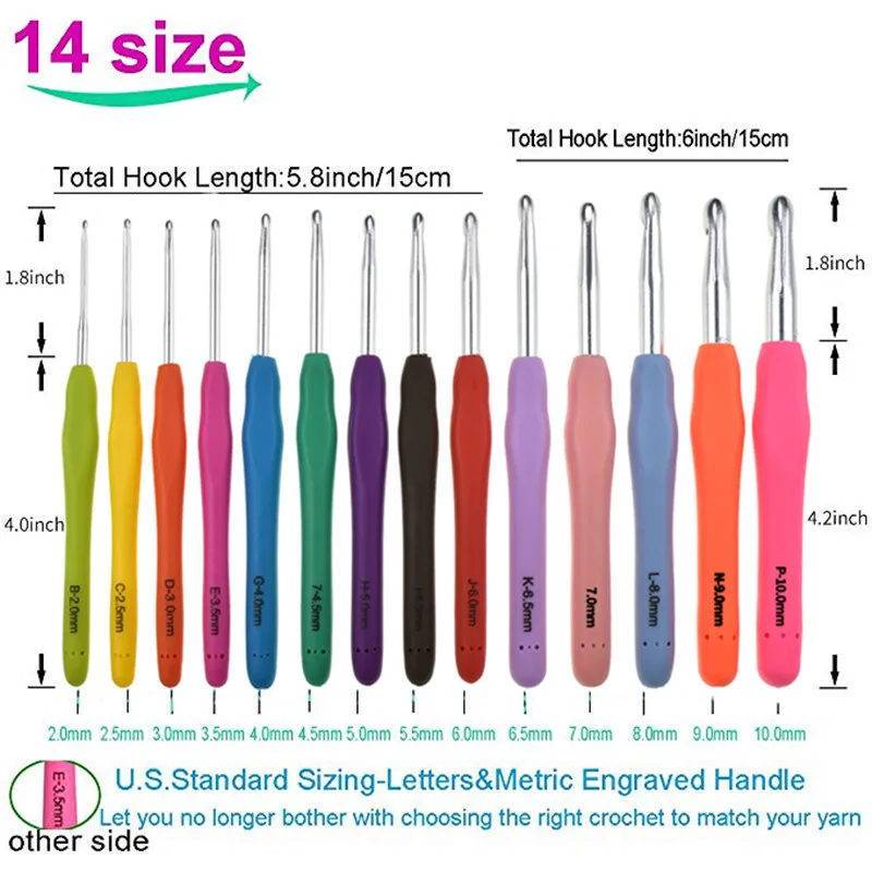 

14 Mixed Extra Size Crochet Hooks Set 2.0-10.0mm Ergonomic Rubber Soft Handle Grip Knitting Needles Hooks for Chunky Yarns