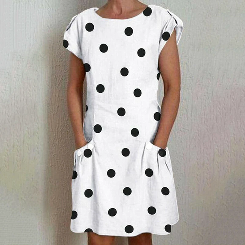 Hot Womens Popular Polka Dot Dress Short Sleeve Pocket Midi Dress Multicolor Casual Ladies Work Office Party Dress Crew Neck