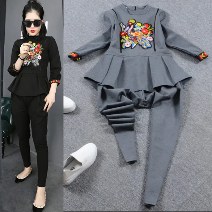 

Embroidery Flowers Women Clothing Sets Spring Autumn Retro Ruffles Flounce Blouse Tops + Harem Loose Pants Suits Plus Size NS144