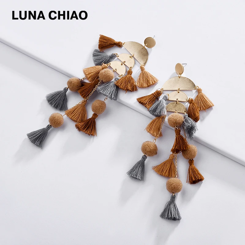 Женские богемные серьги подвески LUNA CHIAO длинные сережки с кисточками в стиле бохо