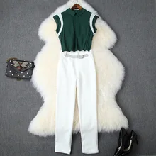 Women elegant green chiffon shirts color block sleeveless top blouses+ diamonds white pants suit office two piece set outfits